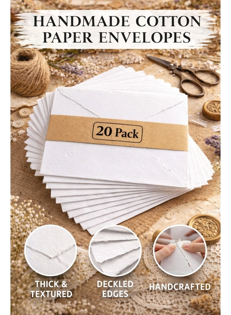 KhpalKar 20 Pieces Handmade White Cotton Paper Envelopes with Deckle Edge Size 6.5 x 4.5 Inches Invitation Envelopes for Wedding Cards Announcements Greeting Cards & DIY Crafts - Image 3